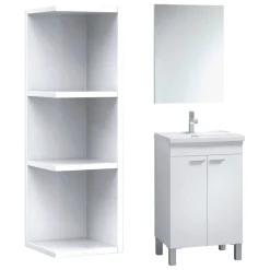 Set Mobili Bagno Bianco Lucido Specchio Incluso 3 Ripiani, 2 Ante - Sorrento