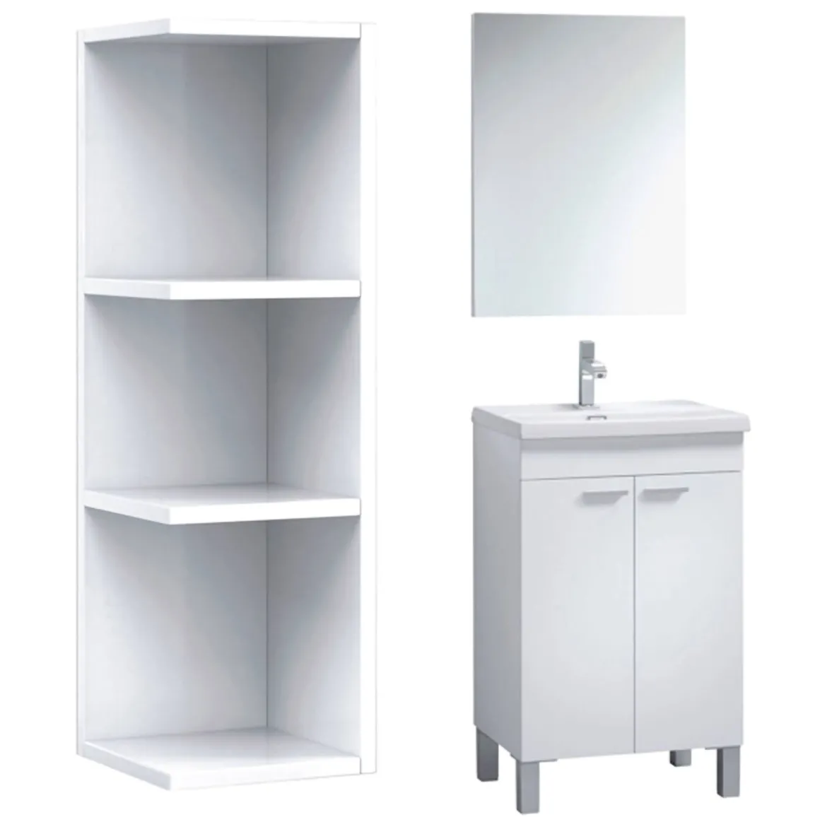 Set Mobili Bagno Bianco Lucido Specchio Incluso 3 Ripiani, 2 Ante - Sorrento