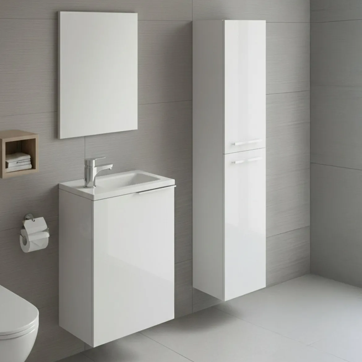 Set Mobili Bagno Bianco Lucido Specchio Incluso 3 Ripiani, 3 Ante - Caiolo