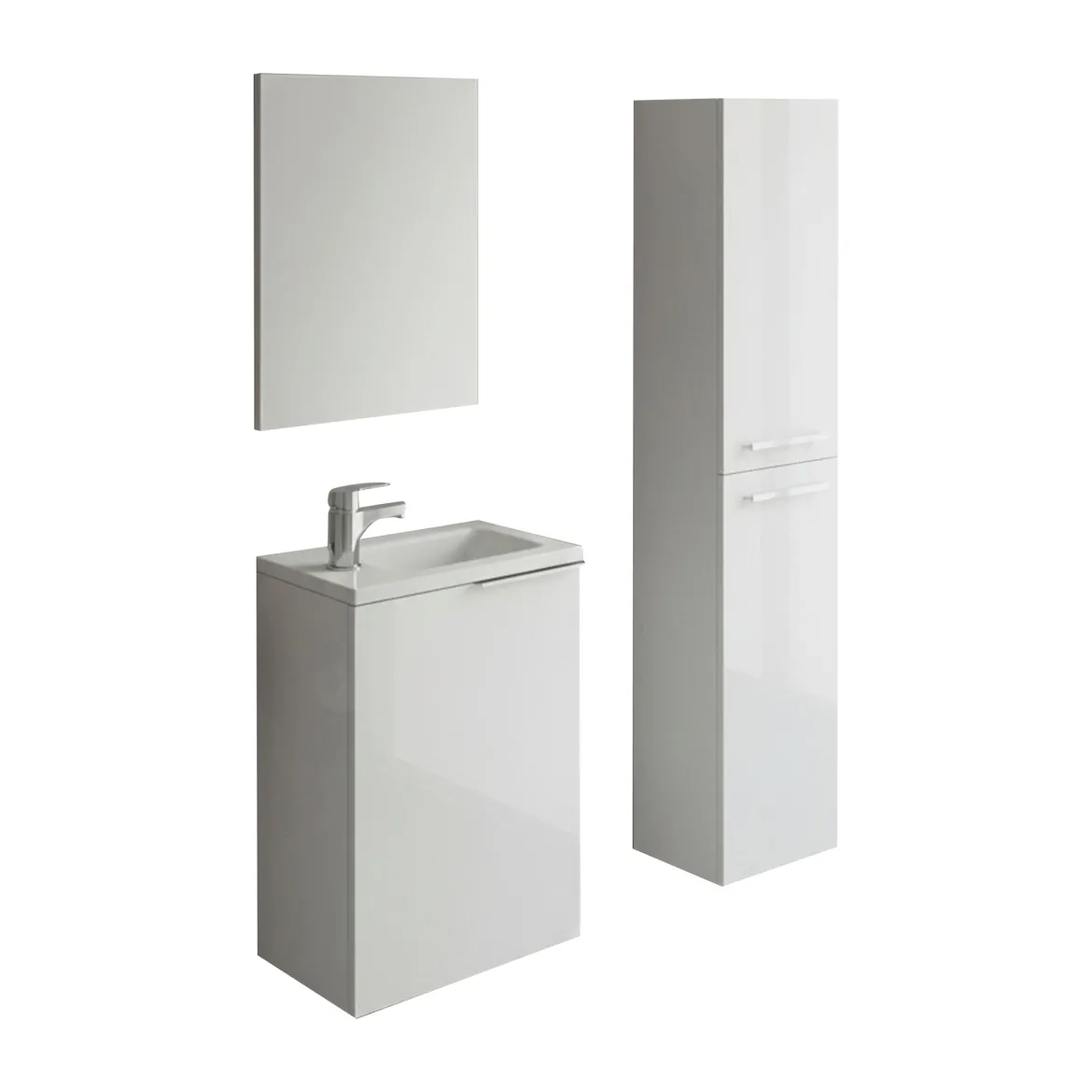 Set Mobili Bagno Bianco Lucido Specchio Incluso 3 Ripiani, 3 Ante - Caiolo