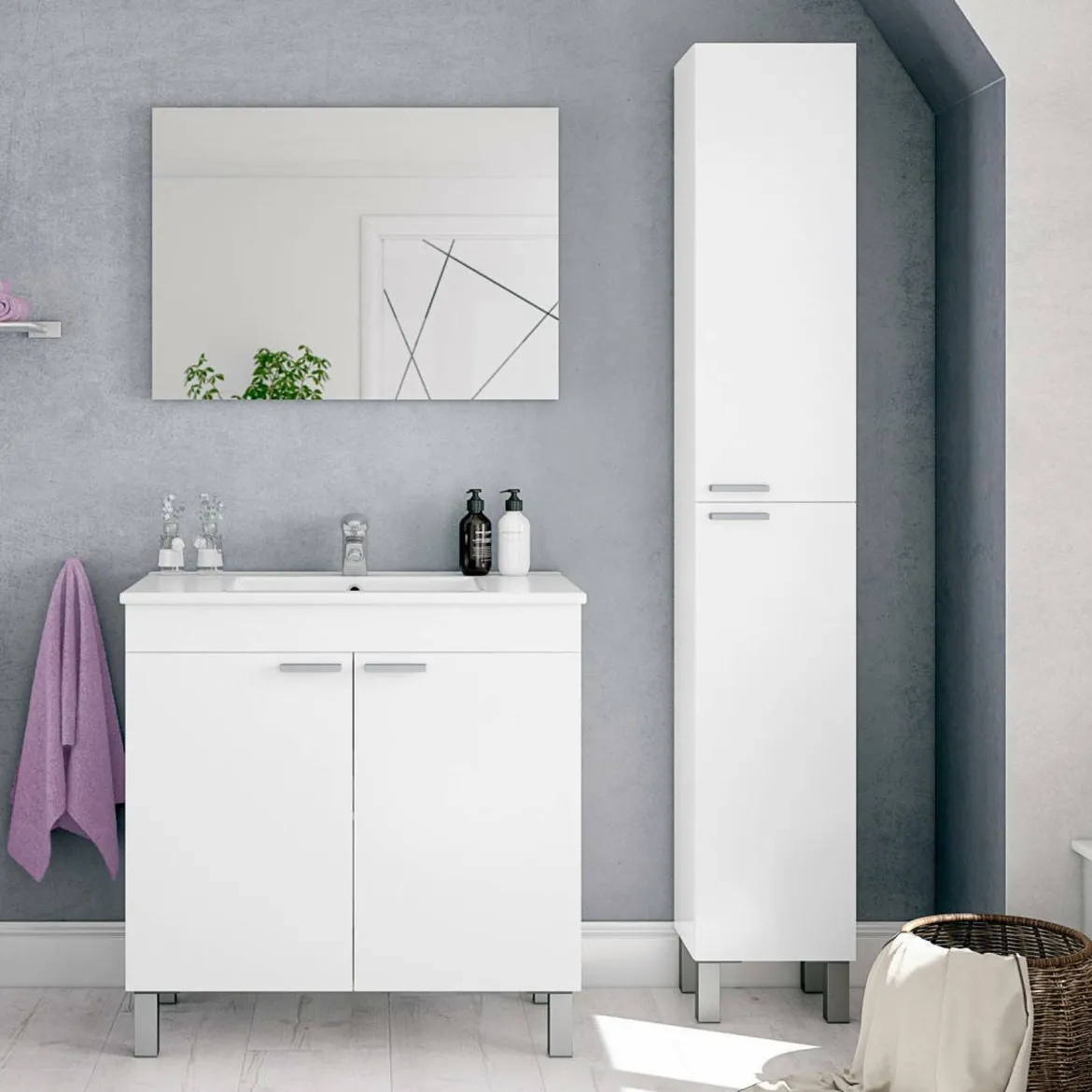 Set Mobili Bagno Bianco Lucido Specchio Incluso 3 Ripiani, 4 Ante - Vobbia