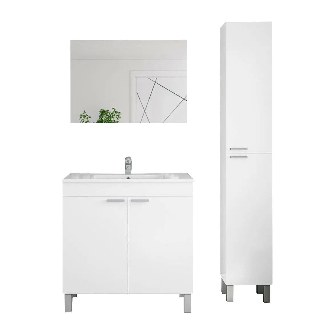 Set Mobili Bagno Bianco Lucido Specchio Incluso 3 Ripiani, 4 Ante - Vobbia