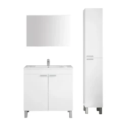 Set Mobili Bagno Bianco Lucido Specchio Incluso 3 Ripiani, 4 Ante - Vobbia