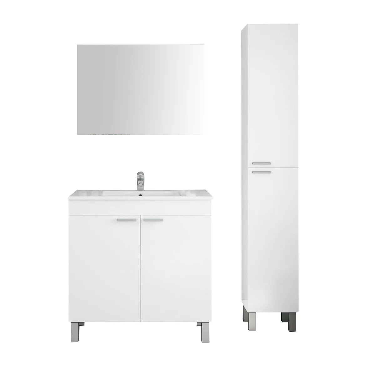 Set Mobili Bagno Bianco Lucido Specchio Incluso 3 Ripiani, 4 Ante - Vobbia