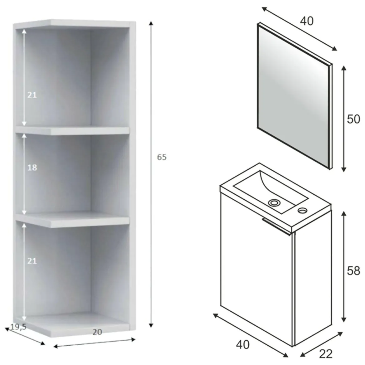 Set Mobili Bagno Bianco Lucido Specchio Incluso 4 Cassetti, 2 Ripiani - Florinas
