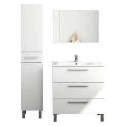 Set Mobili Bagno Bianco Lucido Specchio Incluso 4 Cassetti, 2 Ripiani - Florinas