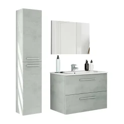 Set Mobili Bagno Grigio Cemento Specchio Incluso 2 Cassetti, 2 Ripiani - Ricadi