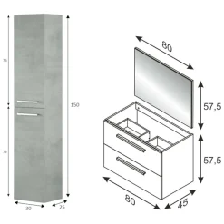 Set Mobili Bagno Grigio Cemento Specchio Incluso 2 Cassetti, 2 Ripiani - Ricadi