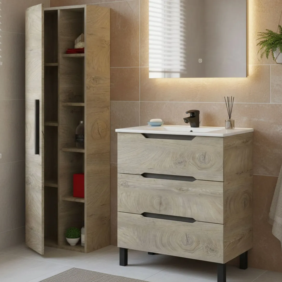 Set Mobili Bagno Marrone Quercia Specchio Incluso 2 Cassetti, 2 Ripiani - Moncalvo