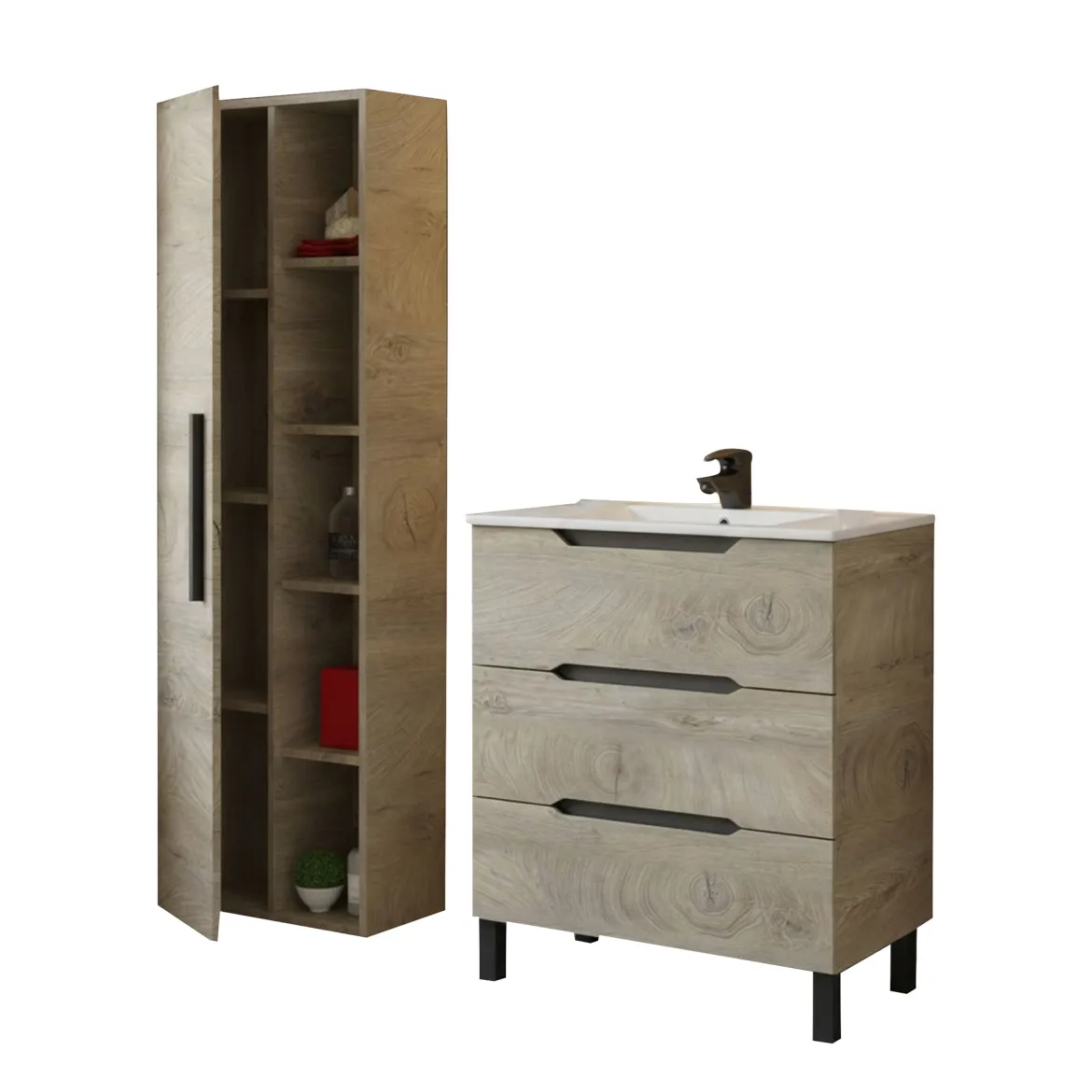Set Mobili Bagno Marrone Quercia Specchio Incluso 2 Cassetti, 2 Ripiani - Moncalvo