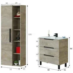Set Mobili Bagno Marrone Quercia Specchio Incluso 2 Cassetti, 2 Ripiani - Moncalvo