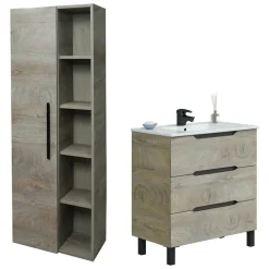 Set Mobili Bagno Marrone Quercia Specchio Incluso 2 Cassetti, 2 Ripiani - Moncalvo