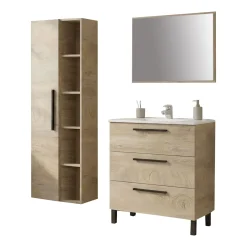 Set Mobili Bagno Marrone Quercia Specchio Incluso 3 Cassetti, 7 Ripiani - Rosate