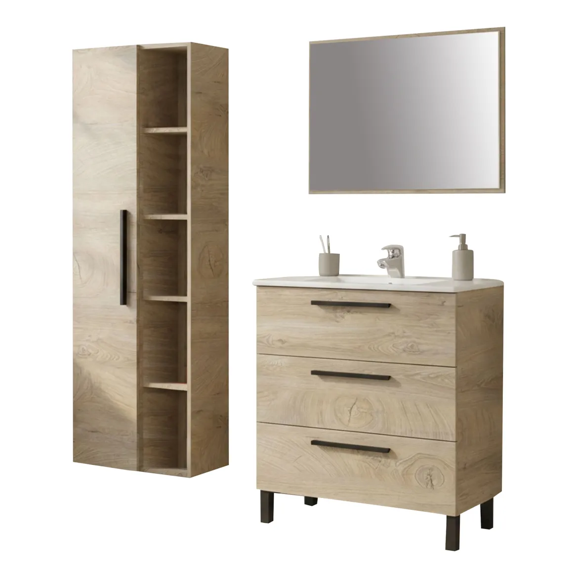 Set Mobili Bagno Marrone Quercia Specchio Incluso 3 Cassetti, 7 Ripiani - Rosate