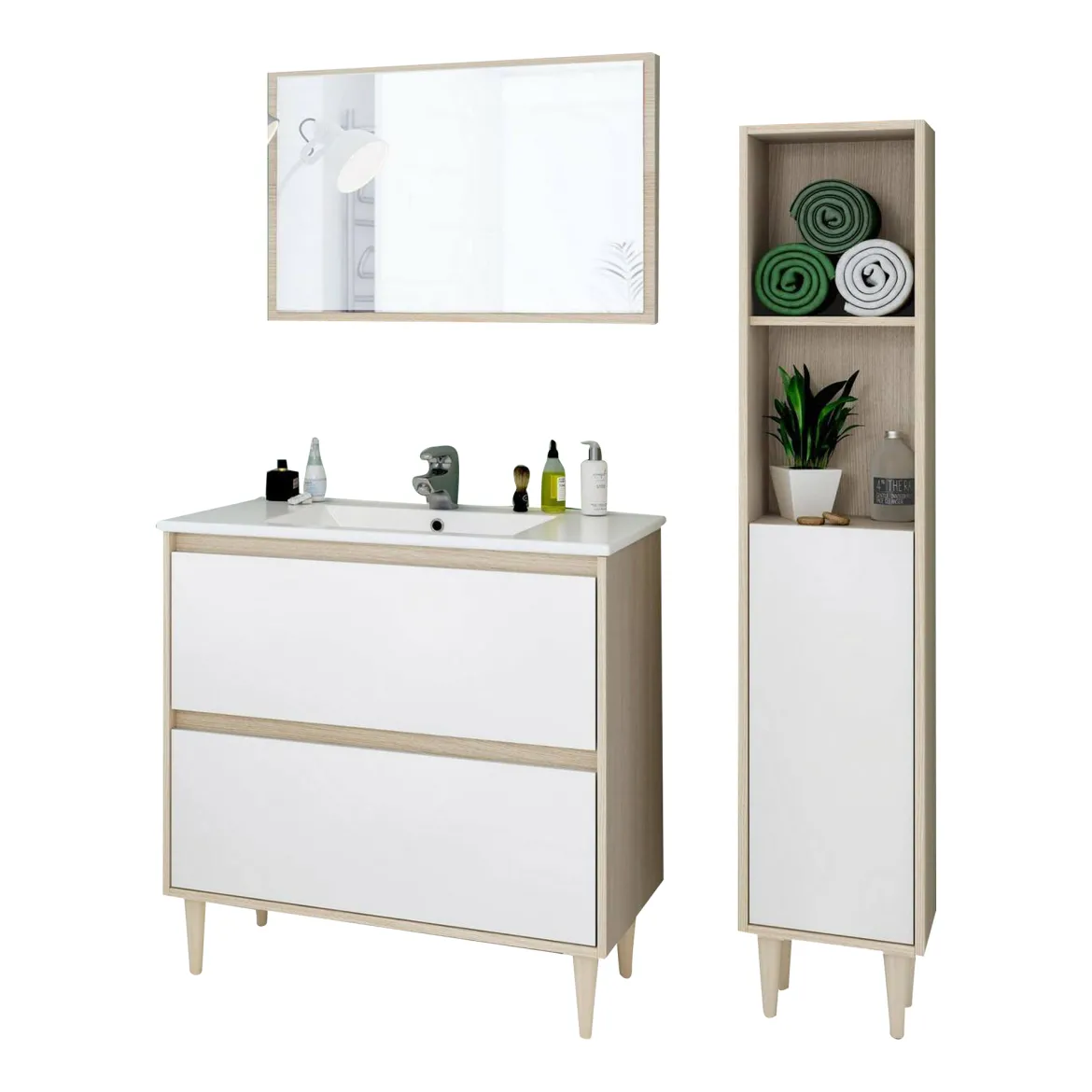 Set Mobili Bagno Marrone Rovere Bianco Lucido Specchio Incluso 2 Cassetti, 2 Ripiani - Renon