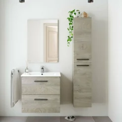 Set Mobili Bagno Marrone Rovere Specchio Incluso 2 Cassetti, 2 Ripiani - Martesana