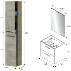 Set Mobili Bagno Marrone Rovere Specchio Incluso 2 Cassetti, 2 Ripiani - Martesana