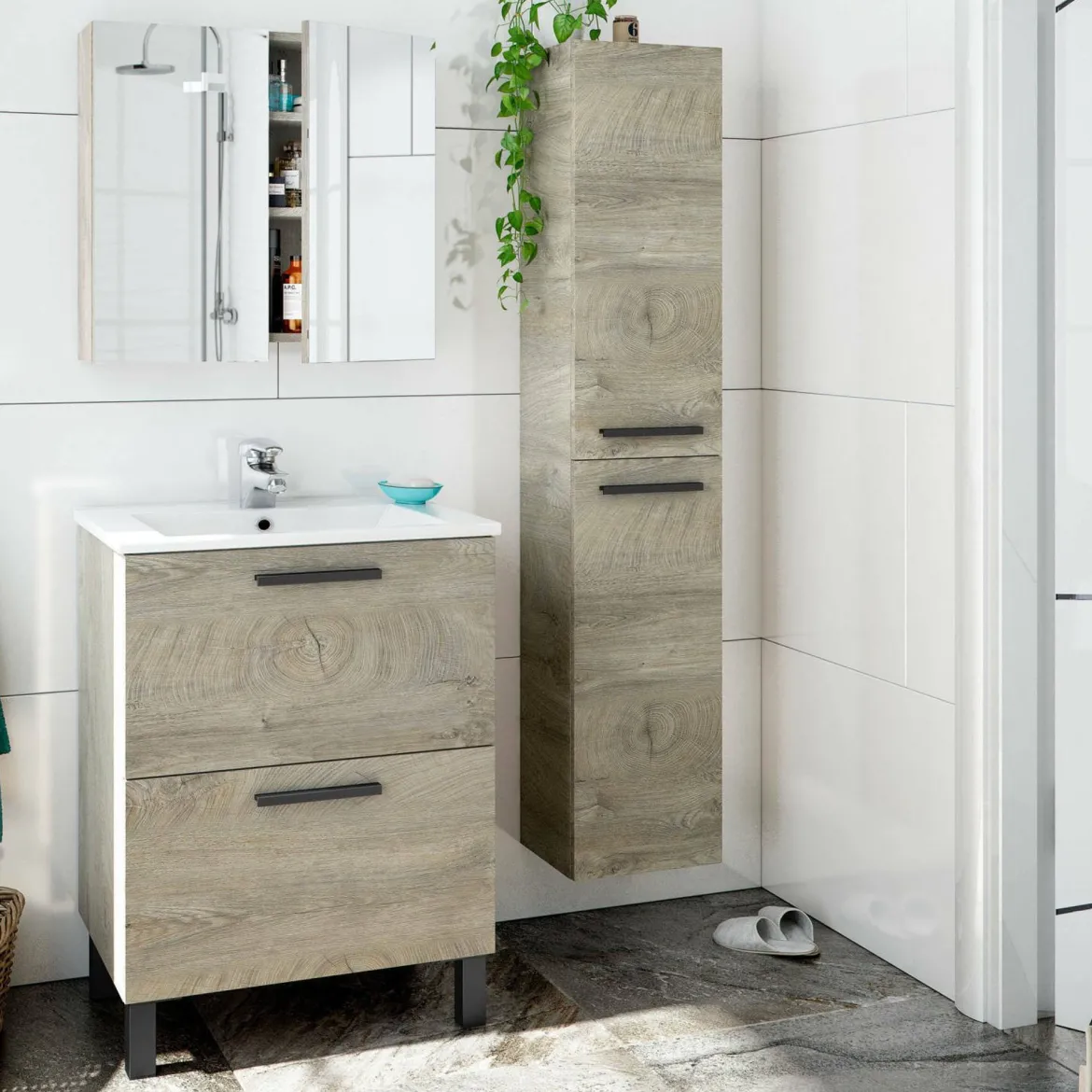Set Mobili Bagno Marrone Rovere Specchio Incluso 2 Cassetti, 2 Ripiani - Martesana