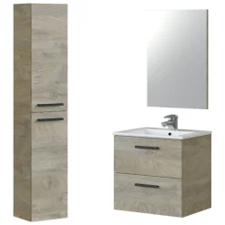 Set Mobili Bagno Marrone Rovere Specchio Incluso 2 Cassetti, 2 Ripiani - Martesana