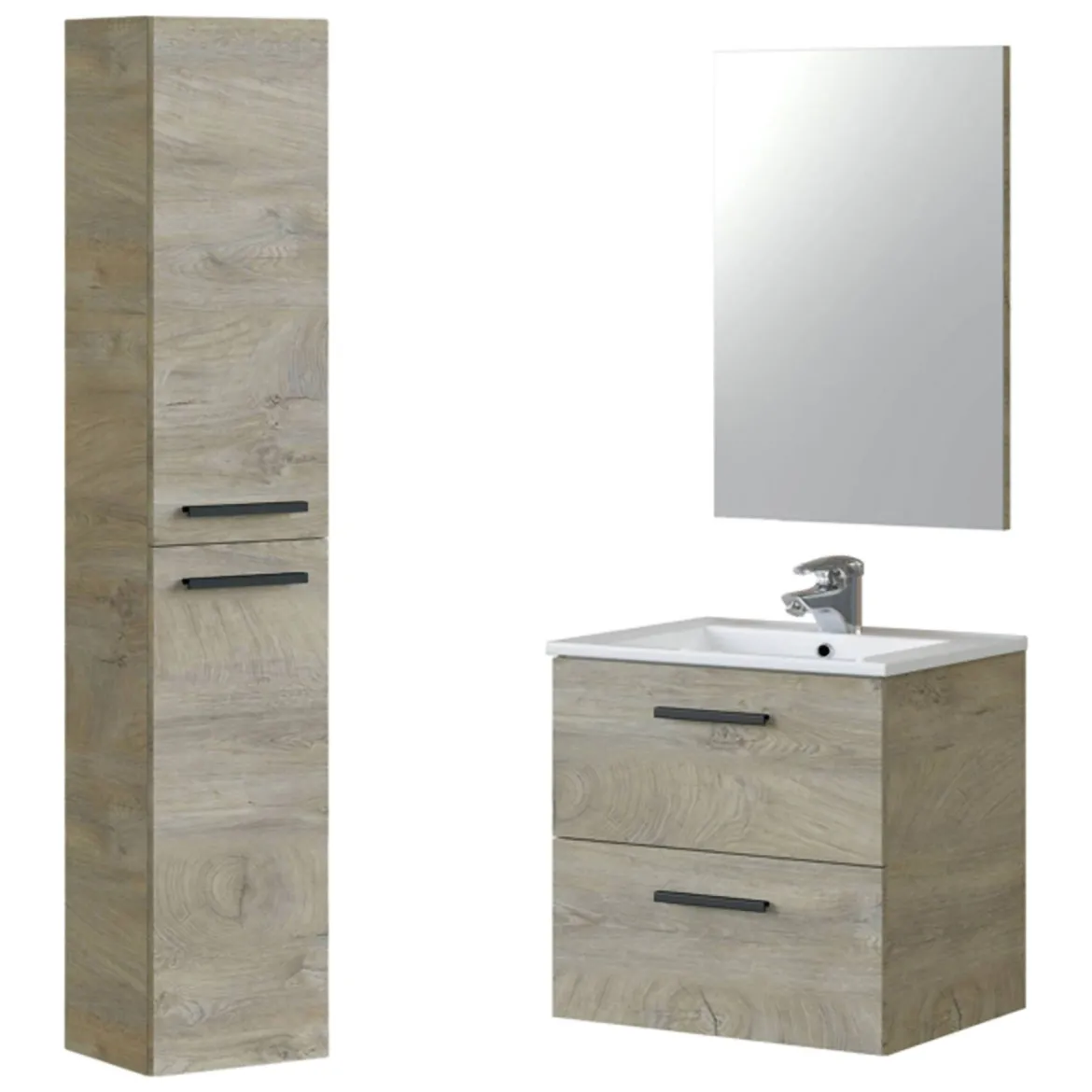 Set Mobili Bagno Marrone Rovere Specchio Incluso 2 Cassetti, 2 Ripiani - Martesana