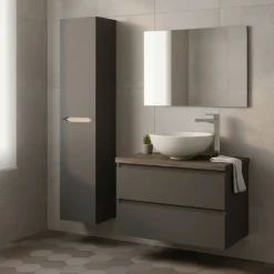Set Mobili Bagno Nero Antracite Marrone Specchio Incluso 2 Cassetti, 2 Ripiani - Tauro