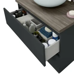 Set Mobili Bagno Nero Antracite Marrone Specchio Incluso 2 Cassetti, 2 Ripiani - Tauro