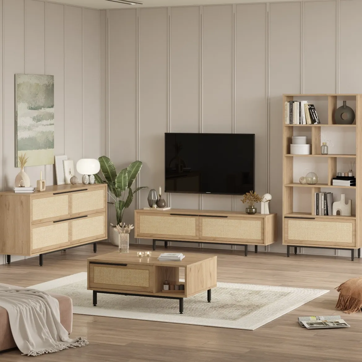 Set Mobili da Soggiorno Beige Marrone Rovere Modulabile 16 Ripiani, 8 Ante - Suardi