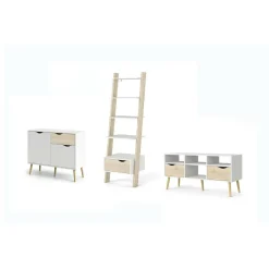 Set Mobili da Soggiorno Bianco Marrone Quercia 10 Ripiani 4 Cassetti, 2 Ante - Apiro