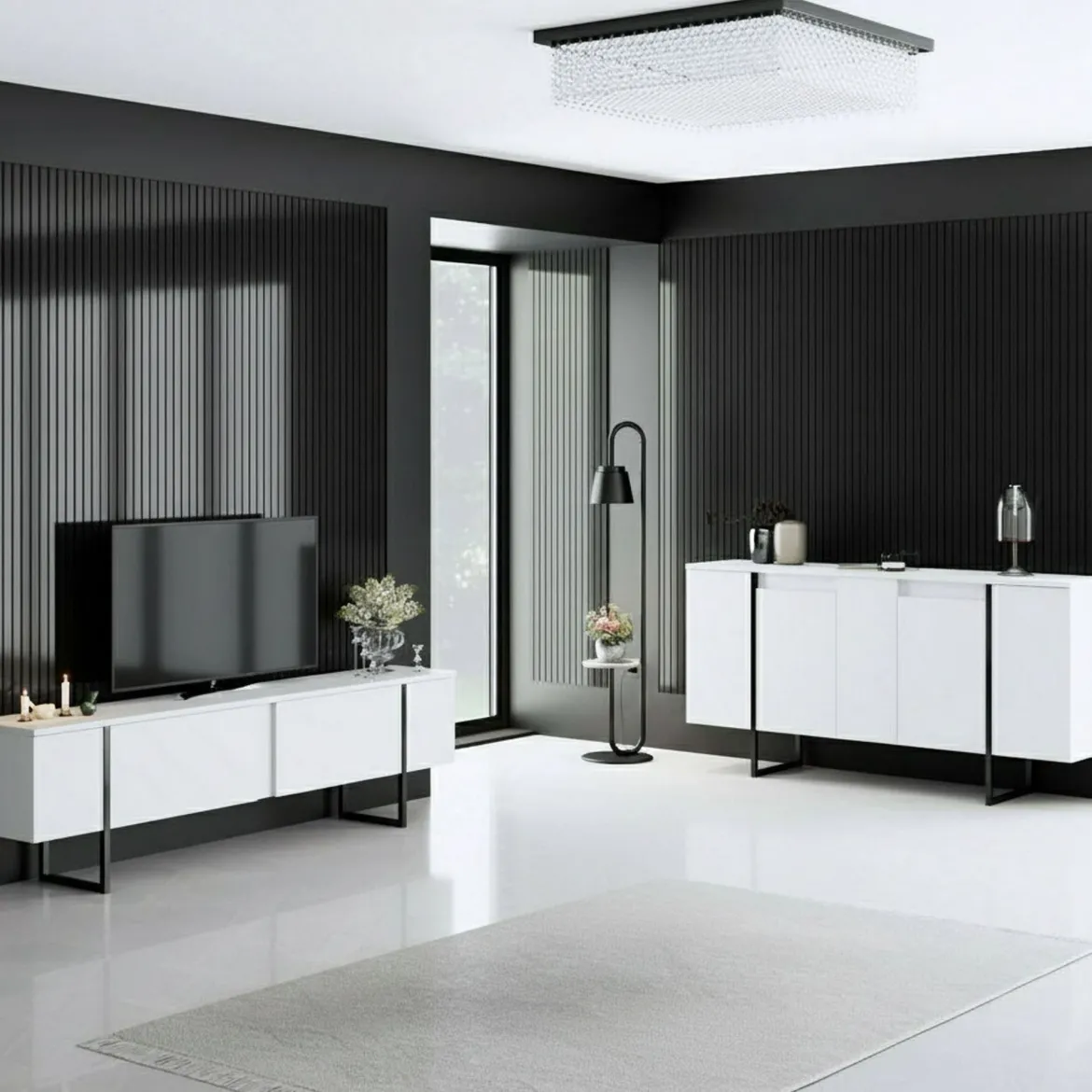 Set Mobili da Soggiorno Bianco Nero Modulabile 4 Ripiani, 10 Vani - Pignano