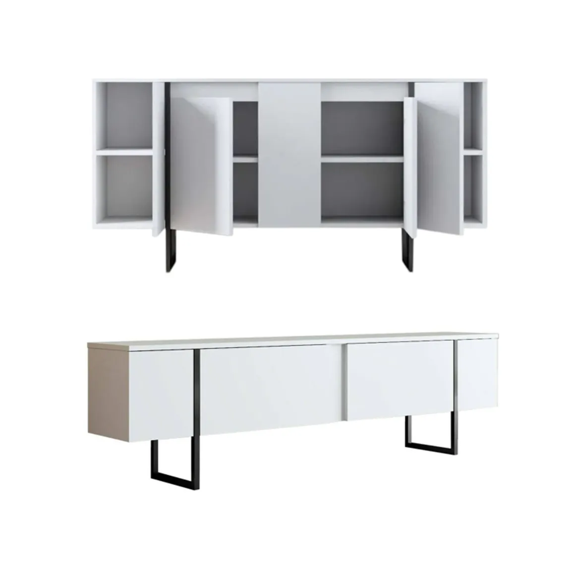 Set Mobili da Soggiorno Bianco Nero Modulabile 4 Ripiani, 10 Vani - Pignano
