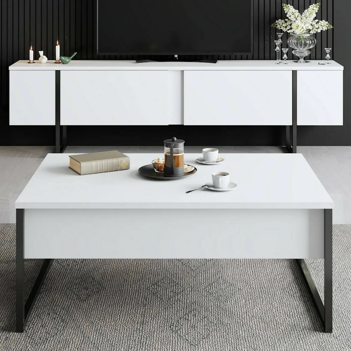 Set Mobili da Soggiorno Bianco Nero Modulabile Apertura a Ribalta, 2 Vani - Mornasco