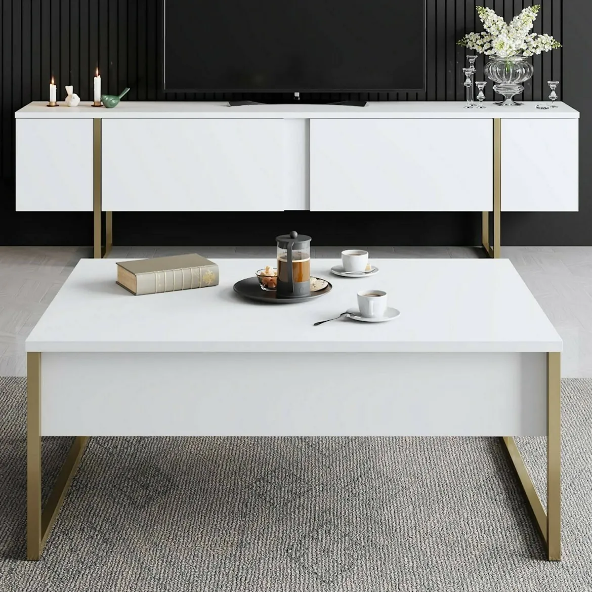 Set Mobili da Soggiorno Bianco oro Modulabile Apertura a Ribalta, 2 Vani - Mornasco