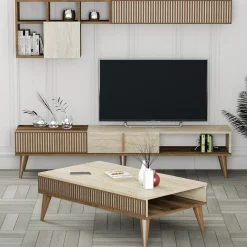 Set Mobili da Soggiorno Marrone Beige Marmo Modulabile 9 Ripiani, 2 Ante - Cassacco