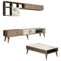 Set Mobili da Soggiorno Marrone Noce Bianco Marmo Modulabile 9 Ripiani, 2 Ante - Ollomont