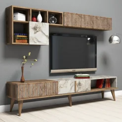 Set Mobili da Soggiorno Marrone Noce Bianco Modulabile 7 Ripiani, Un'anta - Mazzano