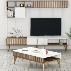 Set Mobili da Soggiorno Marrone Noce Bianco Modulabile 9 Ripiani, 2 Ante - Cassacco