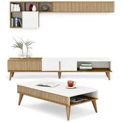 Set Mobili da Soggiorno Marrone Noce Bianco Modulabile 9 Ripiani, 2 Ante - Cassacco