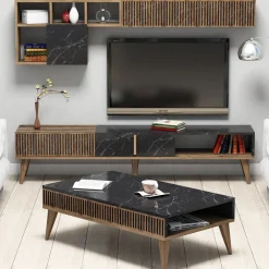 Set Mobili da Soggiorno Marrone Noce Nero Marmo Modulabile 9 Ripiani, 2 Ante - Ollomont