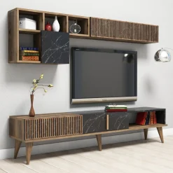 Set Mobili da Soggiorno Marrone Noce Nero Marmo Modulabile 9 Ripiani, 2 Ante - Ollomont