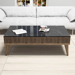Set Mobili da Soggiorno Marrone Noce Nero Marmo Modulabile 9 Ripiani, 2 Ante - Ollomont