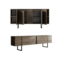 Set Mobili da Soggiorno Marrone Noce Nero Modulabile 4 Ripiani, Apertura Battente, a Ribalta - Pignano