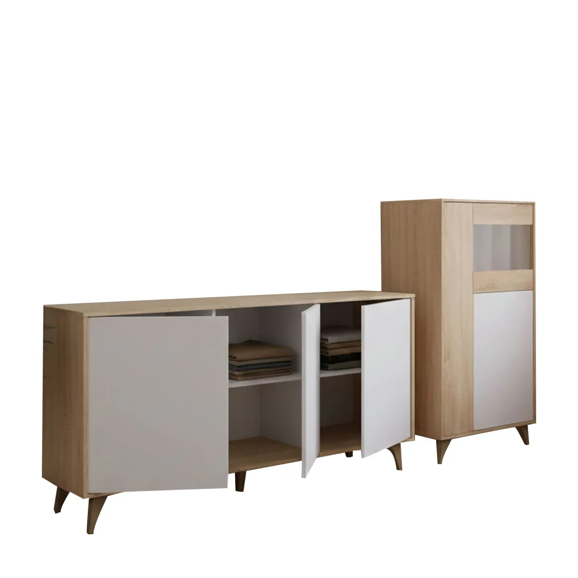 Set Mobili da Soggiorno Marrone Rovere Bianco Modulabile 8 Ripiani, 6 Ante - Leverano