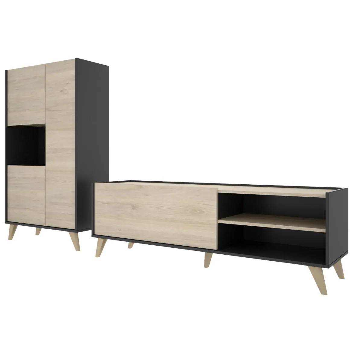 Set Mobili da Soggiorno Marrone Rovere Nero Antracite Cassetti Modulabile, 5 Ripiani - Tulare