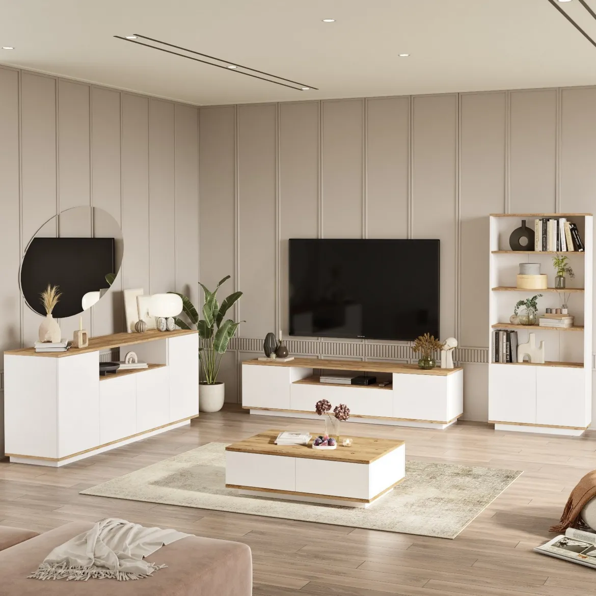 Set Mobili da Soggiorno Marrone Rovere Nodi Bianco Modulabile 11 Ripiani, 11 Ante - Stienta