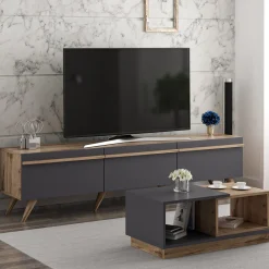 Set Mobili da Soggiorno Nero Antracite Marrone Noce Modulabile 2 Ripiani, 3 Ante - Lerici