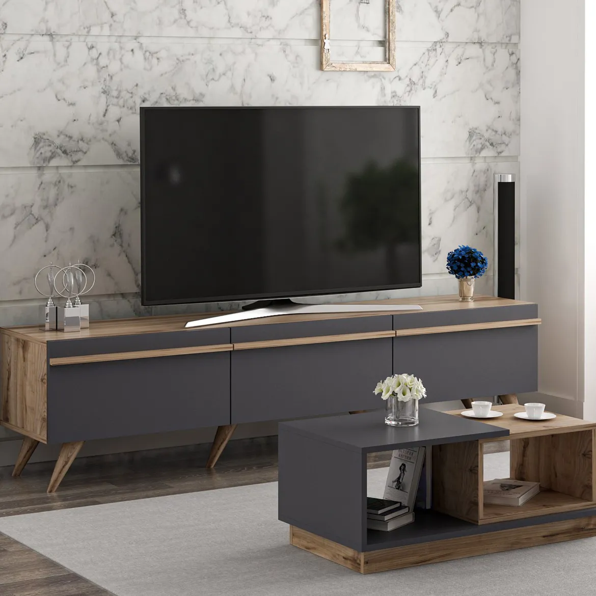 Set Mobili da Soggiorno Nero Antracite Marrone Noce Modulabile 2 Ripiani, 3 Ante - Lerici
