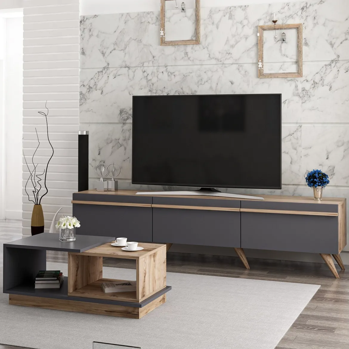 Set Mobili da Soggiorno Nero Antracite Marrone Noce Modulabile 2 Ripiani, 3 Ante - Lerici