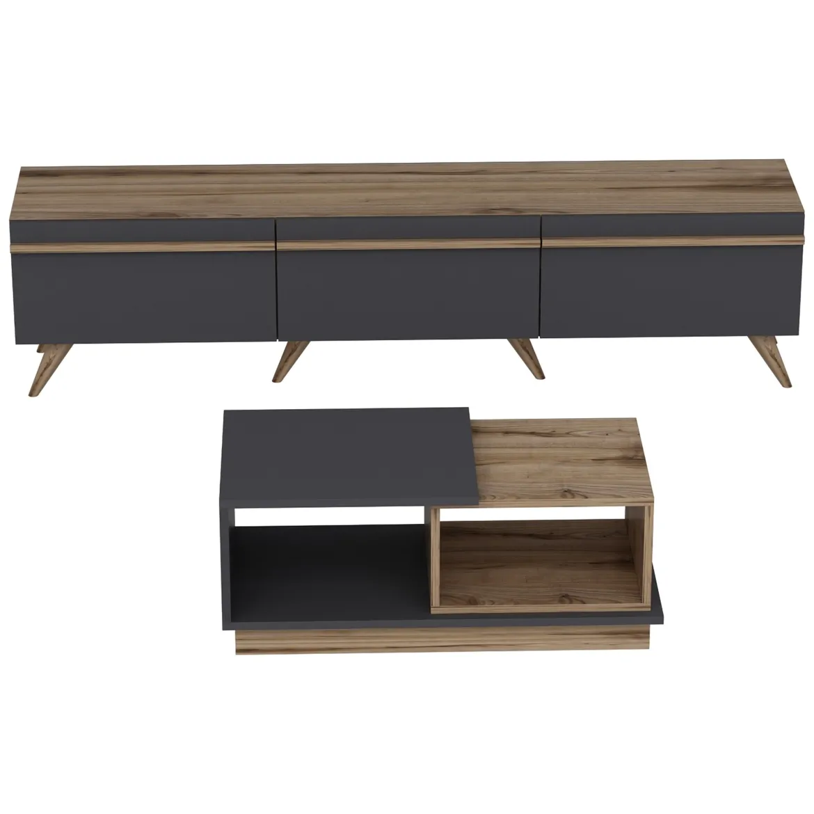 Set Mobili da Soggiorno Nero Antracite Marrone Noce Modulabile 2 Ripiani, 3 Ante - Lerici