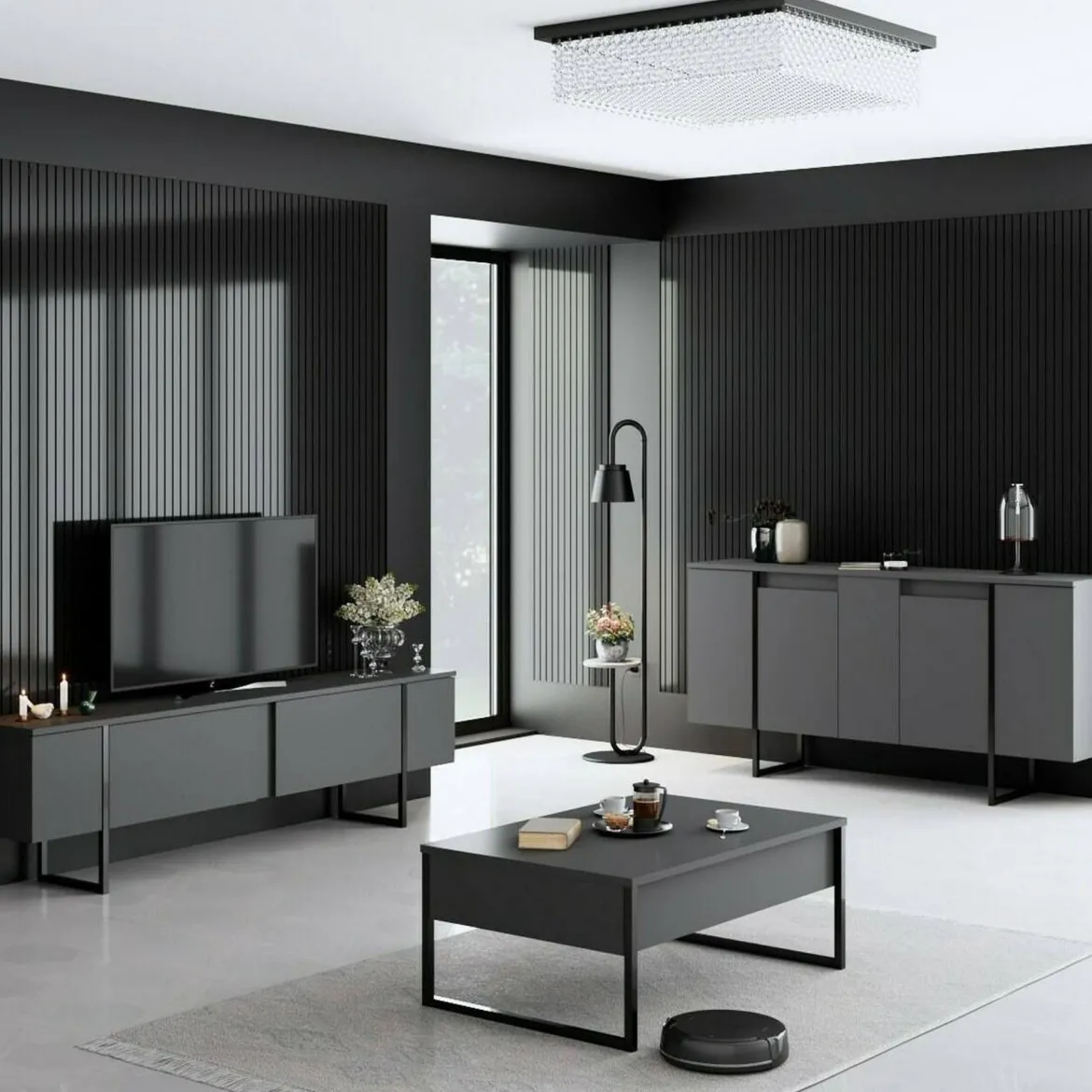 Set Mobili da Soggiorno Nero Antracite Modulabile Apertura a Ribalta, 2 Ante - Mornasco