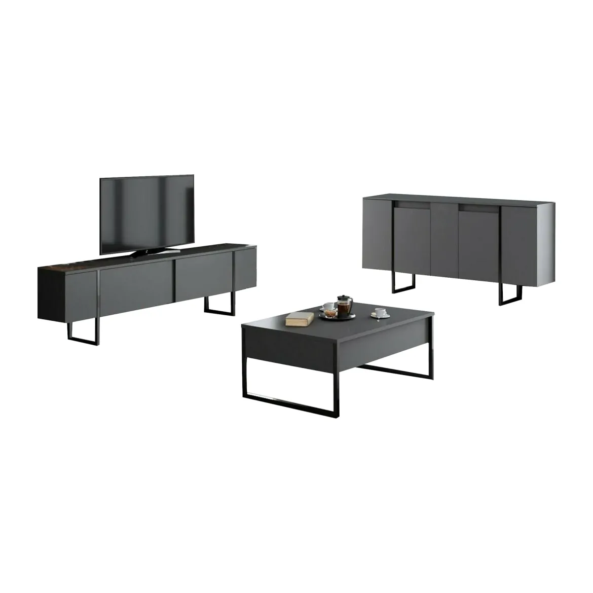 Set Mobili da Soggiorno Nero Antracite Modulabile Apertura a Ribalta, 2 Ante - Mornasco